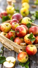 Fresh apples in a wooden basket on a rustic table