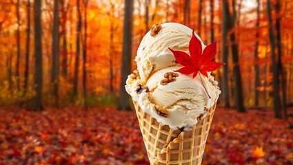 Delicious autumn ice cream cone with maple leaf garnish against a vibrant fall forest background