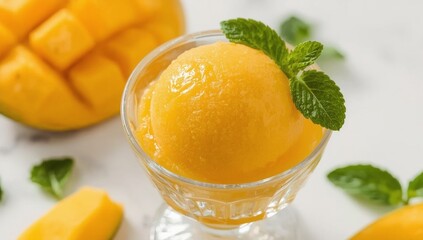 Tropical Mango Sorbet Dessert with Mint
