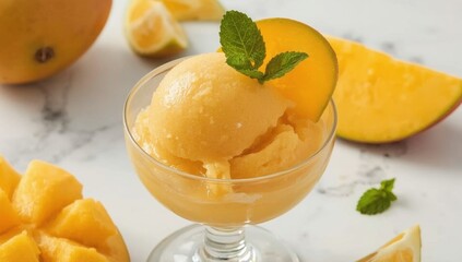 Mango Sorbet with Sliced Mango Garnish