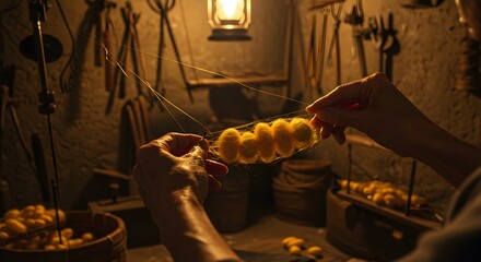 Close-up of hands reeling silk thread from cocoons in rustic workshop