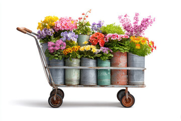 Vintage metal cart overflowing with colorful flowers in tins
