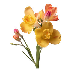 Yellow and Orange Freesia Flowers with Buds on White Background pink