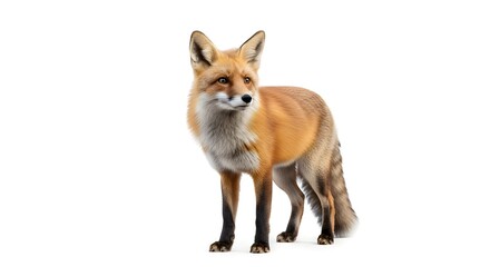 Fototapeta premium Full body portrait of an alert Red Fox (Vulpes vulpes) isolated on a clean white background