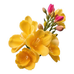 Yellow Freesia Flowers With Pink Buds And Green Stems On White Background bloom