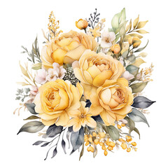 Yellow Rose Bouquet with Greenery and White Flowers on White Background yellow roses