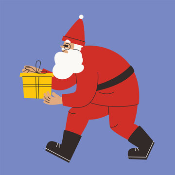 Santa Claus sneaks with gift. Christmas character in linear flat style.