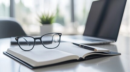 Office desk workspace with glasses and notebook