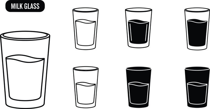 Milk Glass Illustration: The artistic rendition of milk glass, showcasing a collection of glasses filled with milk or a dark liquid, designed in an illustrative style, for a versatile use.