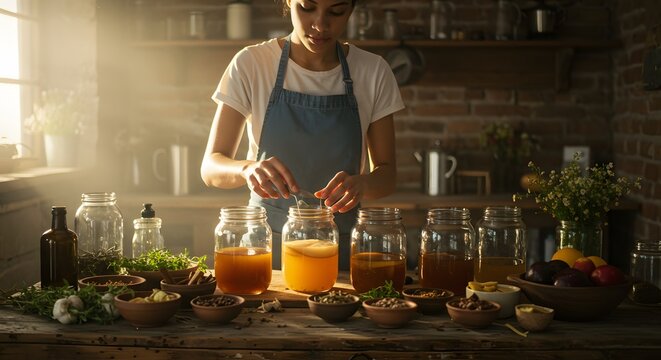 Person preparing homemade kombucha in rustic kitchen