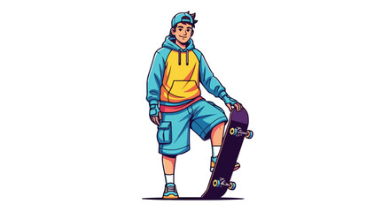 Young Skater Boy in Hoodie Posing with Skateboard Illustration.