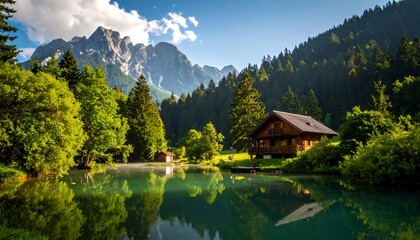 Picturesque mountain chalet by a tranquil lake
