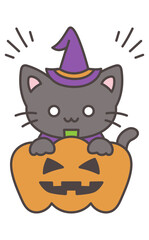 Cute Black Cat with Pumpkin Halloween Illustration 黒猫とかぼちゃのハロウィンイラスト
