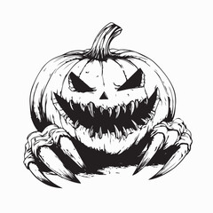 Scary claw grabbing Halloween pumpkin vector illustration isolated on white background