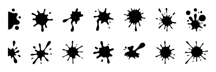 Collection of Black Ink Splatter and Blot Shapes on White Background