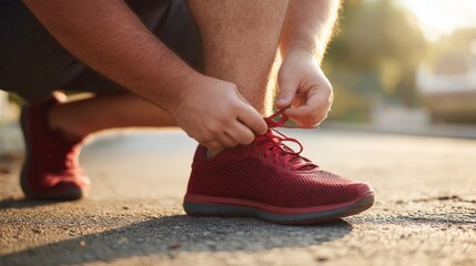 Plus Size Man Tying Red Running Shoe Before Morning Jog.