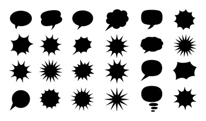 Collection of Black Speech Bubbles and Starburst Shapes on White Background