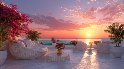Luxury balcony overlooking the ocean at sunset