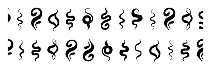 Collection of Black Swirling Smoke and Steam Icons on White Background