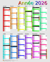 Calendrier 2026, calques, vacances scolaires, Saints, 12 mois