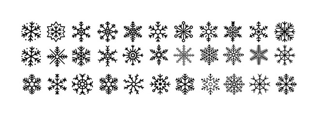Collection of Diverse Black Snowflake Icons on White Background