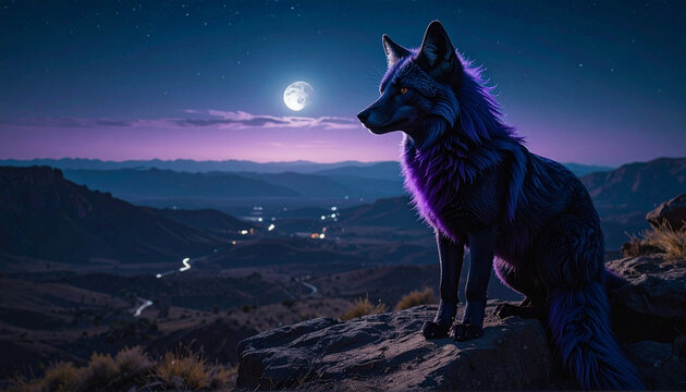 Mystical Purple Fox on a Mountain Overlooking a Night Landscape - Powered by Adobe