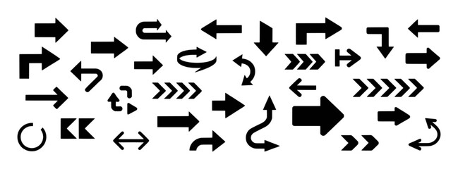 Diverse Collection of Black Arrows and Directional Symbols on White Background