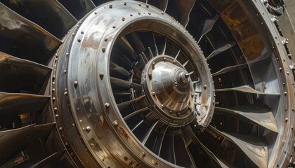 Fototapeta premium A close-up view of a complex, intricate jet engine turbine, showcasing its metallic components and intricate design.