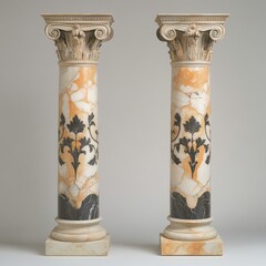 Columns with fancy marble designs, like those from ancient Greece.
