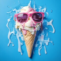 Cool summer idea: Ice cream melting with sunglasses on blue. Fun beach vibe!
