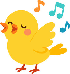 Charming yellow cartoon bird happily singing a joyful melody with colorful musical notes, symbolizing happiness, freedom, and the delightful sound of music