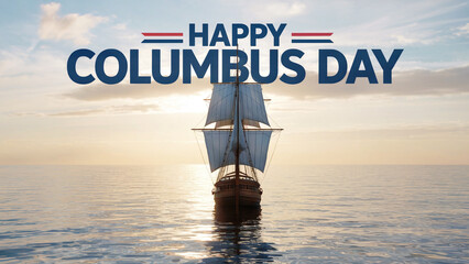 Happy Columbus Day Celebration with Sailboat on Ocean at Sunset