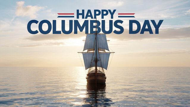 Happy Columbus Day Celebration with Sailboat on Ocean at Sunset