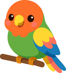 Adorable colorful parrot with a vibrant green body and orange head sitting on a wooden perch. Cute kawaii style vector illustration isolated on white