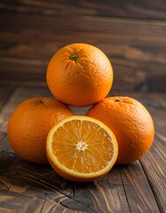 Fresh oranges stacked on a dark wooden surface, one sliced open