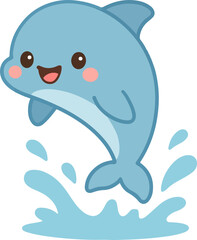 Cute kawaii dolphin character jumping happily out of the water splash. Adorable aquatic mammal vector illustration for kids