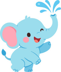 Obraz premium Cute baby elephant cartoon character spraying water from its trunk with a joyful expression. Adorable blue animal illustration for kids