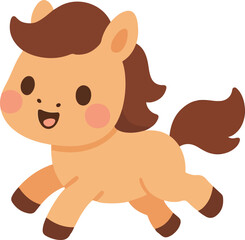 Cute cartoon baby horse running with a happy smile. Adorable pony or foal character illustration for kids, isolated on a white background