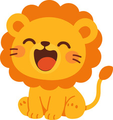Cute happy lion cub sitting and roaring with joy. Adorable cartoon safari animal character isolated on white background for nursery design