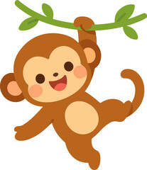 Adorable happy baby monkey swinging on a green branch, a charming and cheerful primate vector for children