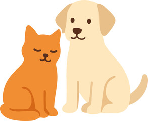 Adorable illustration of a ginger cat and a yellow Labrador retriever puppy sitting side-by-side, a heartwarming depiction of pet friendship