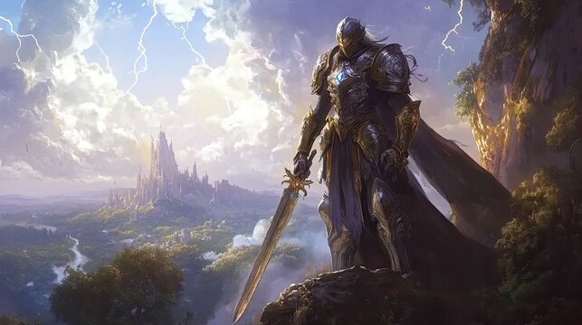 Fototapeta Warrior figure overlooking landscape