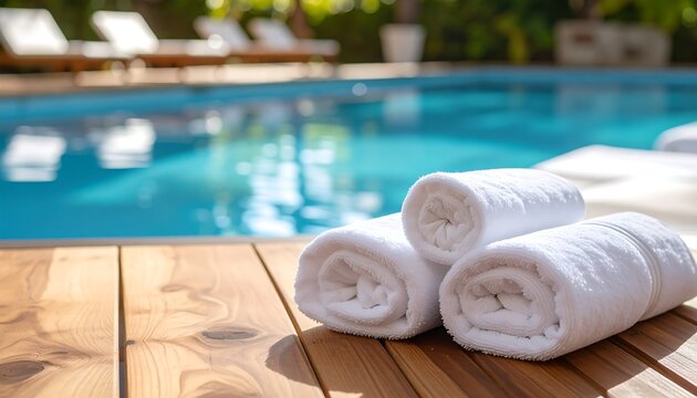 Rolled white towels on a wooden deck by a pool - Powered by Adobe