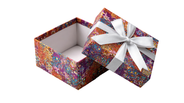 Open gift box with colorful floral pattern and white ribbon