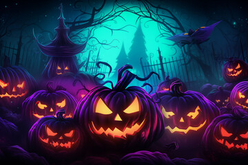 Fototapeta premium Halloween party invitation background with purple neon lights, pumpkins