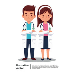 Fototapeta premium Cartoon illustration of a professional medical team, a man and woman doctor with crossed arms
