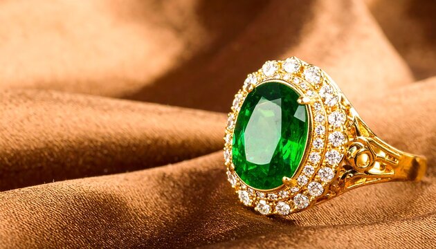 Luxurious emerald ring on brown fabric