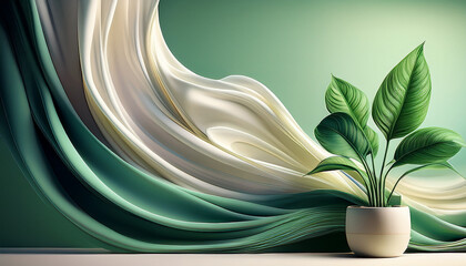 Potted green plant with textured leaves beside flowing cream and green fabric waves