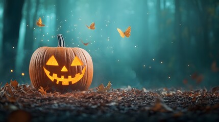 A glowing Jack o' lantern rests on autumn leaves in a mystical forest with golden butterflies and sparkling lights