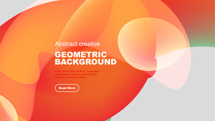 Abstract geometric background features vibrant orange gradients, overlapping shapes, text, button. Modern design elements create dynamic visual impact.